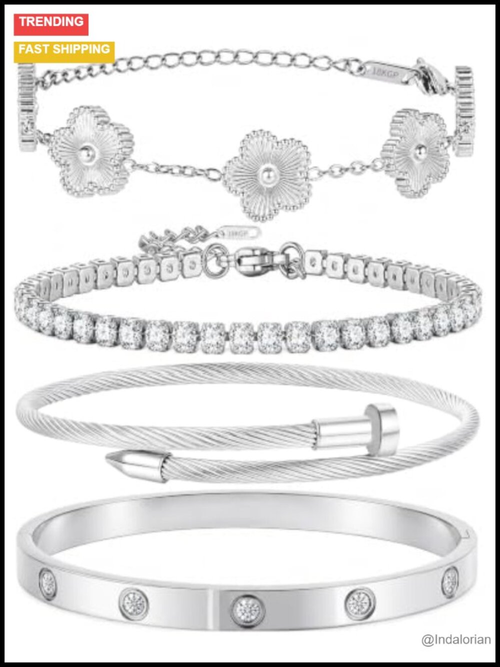 4Pc Stackable Stainless Steel Bangle Bracelet Set Flower Tennis Cable